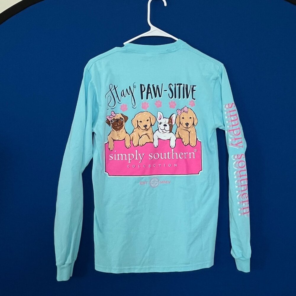 Simply Southern Womens T-Shirt Size Small Blue Stay Paw-Sitive Puppy Dogs L/S‎